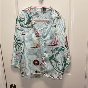 Nautical Map Print Blouse - Multicolor